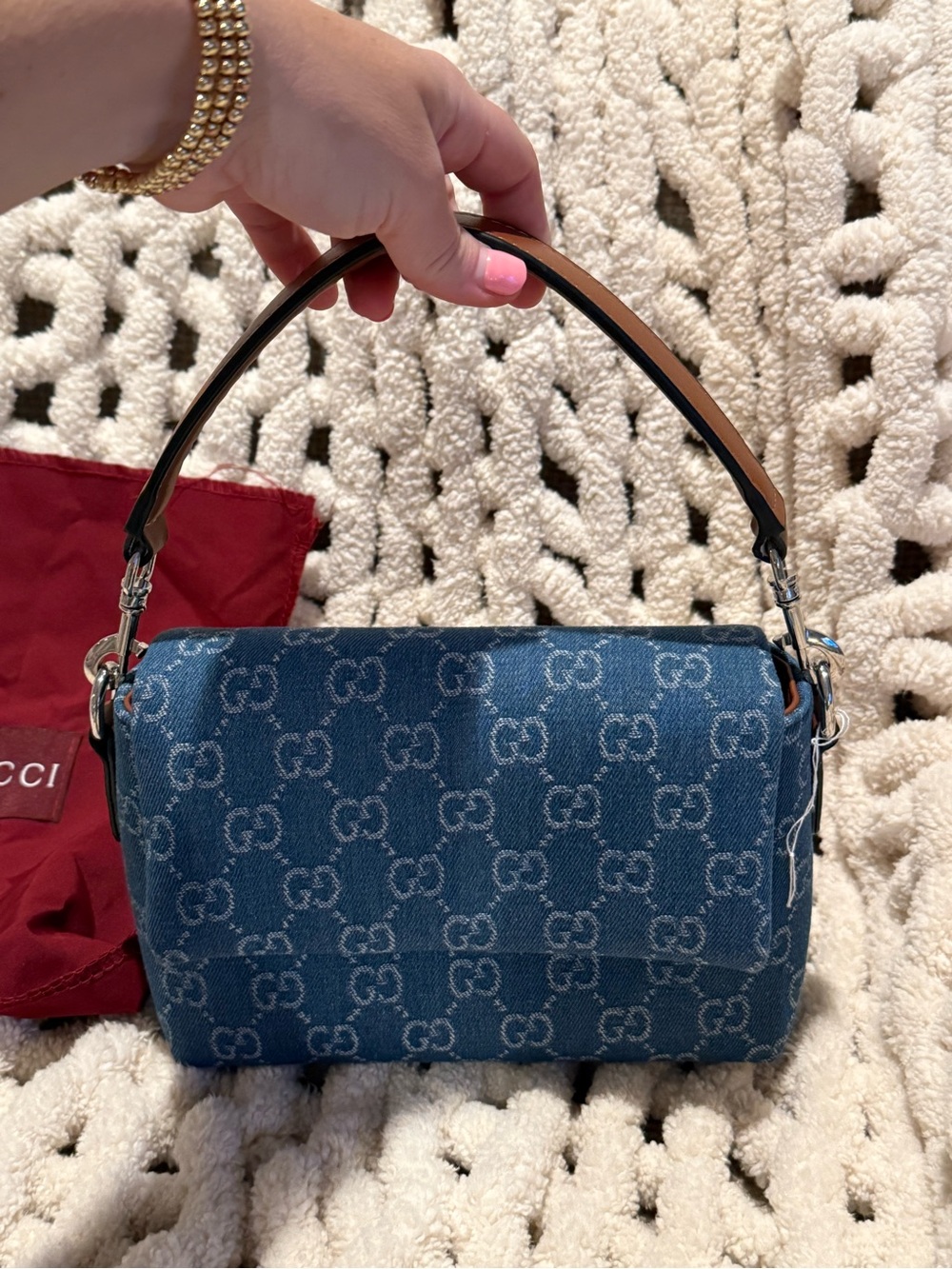 GG Blue Denim GG Monogram Crossbody with Green-Red Web Strap